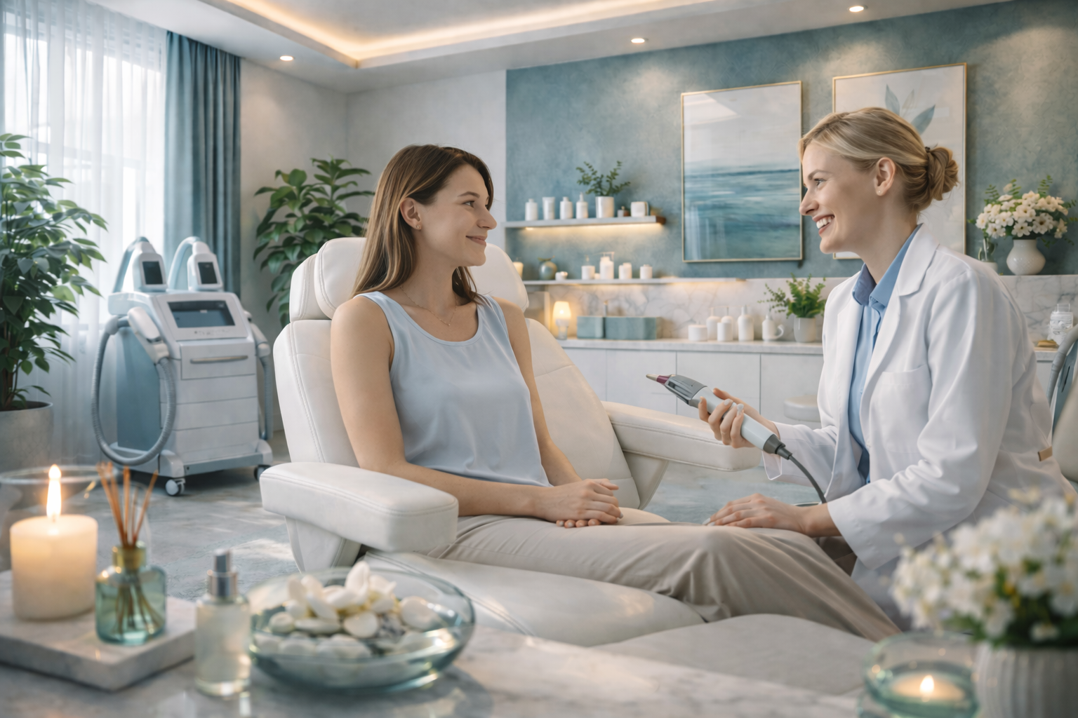 A serene image representing the philosophy of non-surgical aesthetic care, with soft colors and a focus on natural beauty.