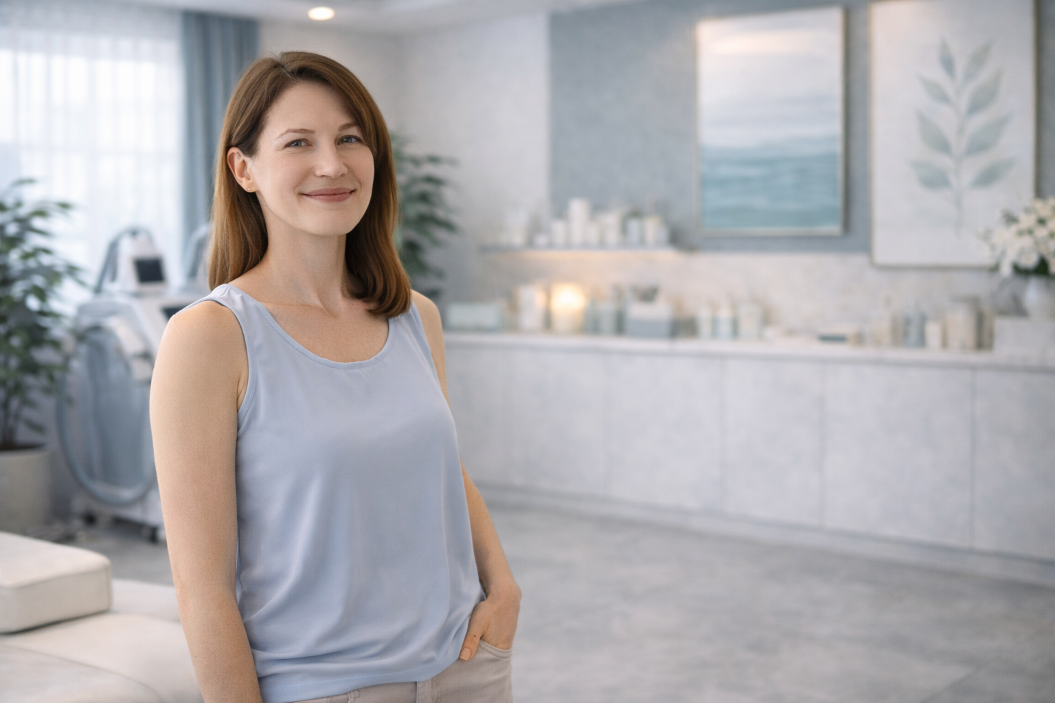 A person looking at their reflection in the mirror, feeling satisfied and confident with the natural results of their treatment.