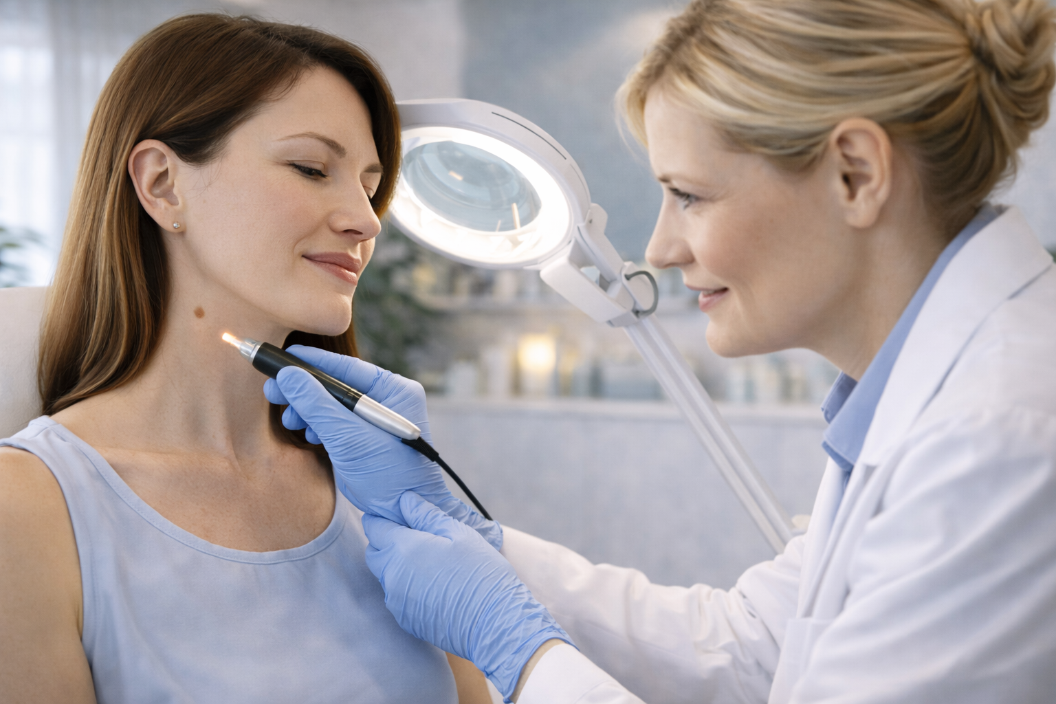 A person examining their skin closely in the mirror, noticing a small blemish that they would like to have removed.